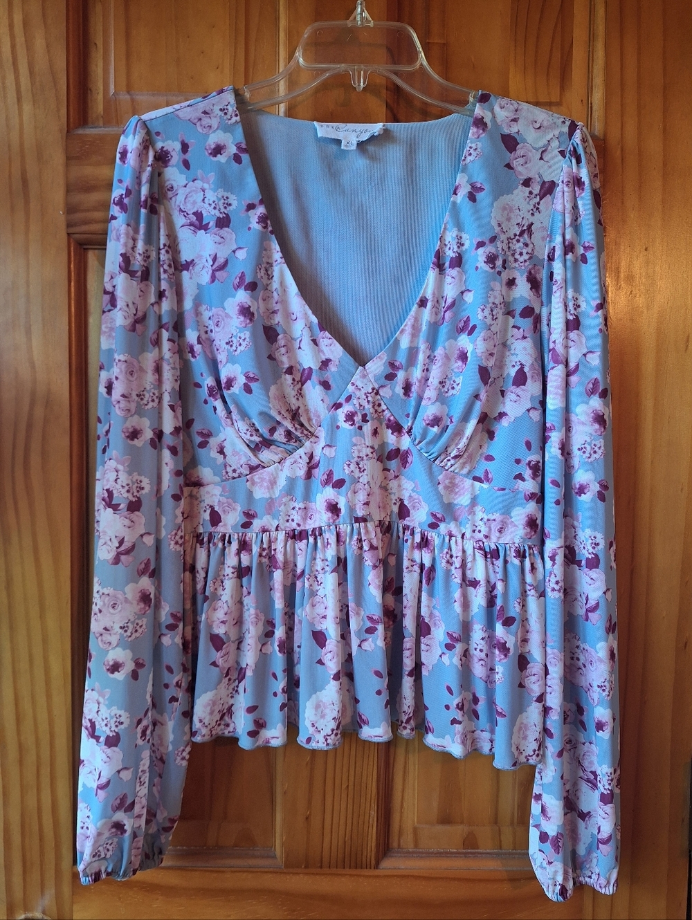 Floral V-Neck Ruffled Long Sleeve Top By Brea Canyon XL